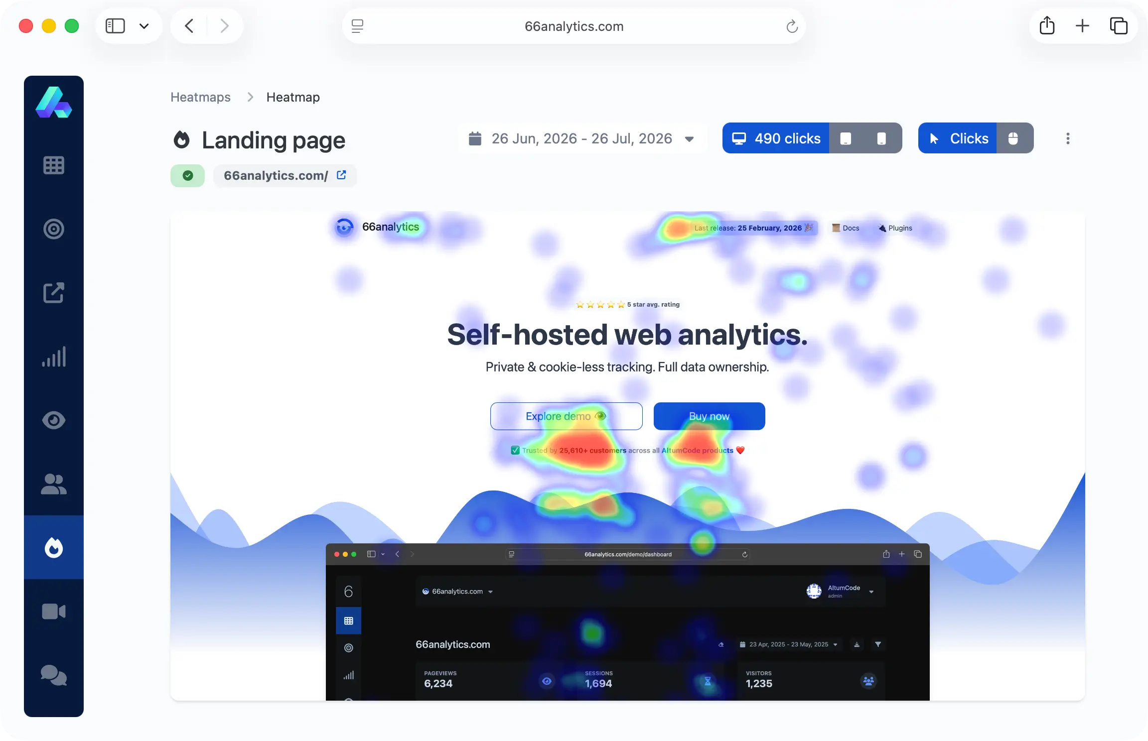 66analytics heatmap page showing click heatmap data