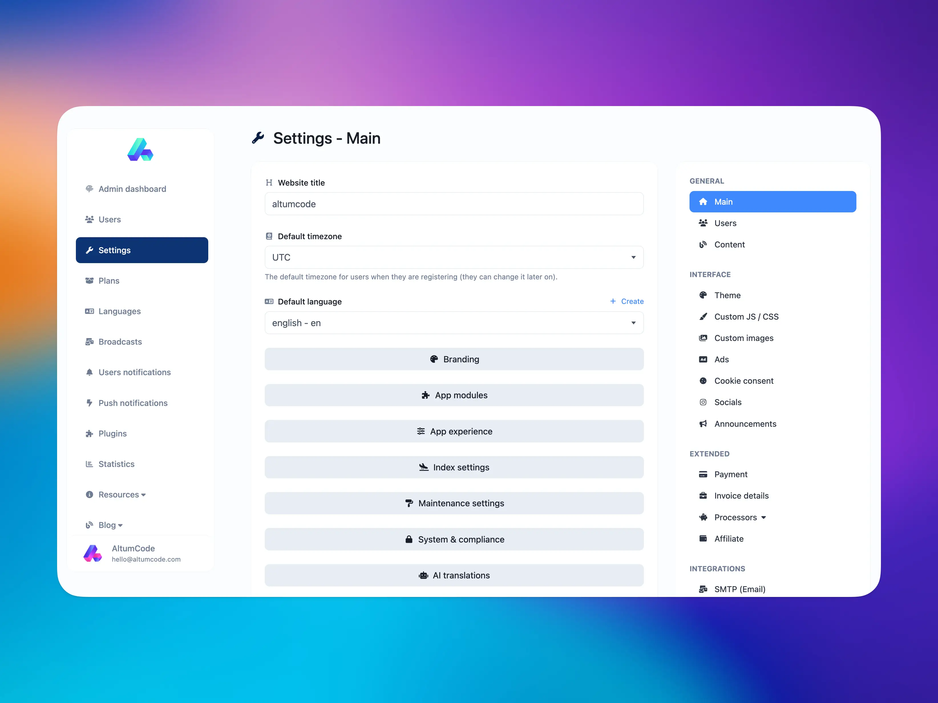 66analytics admin panel showing the main settings page