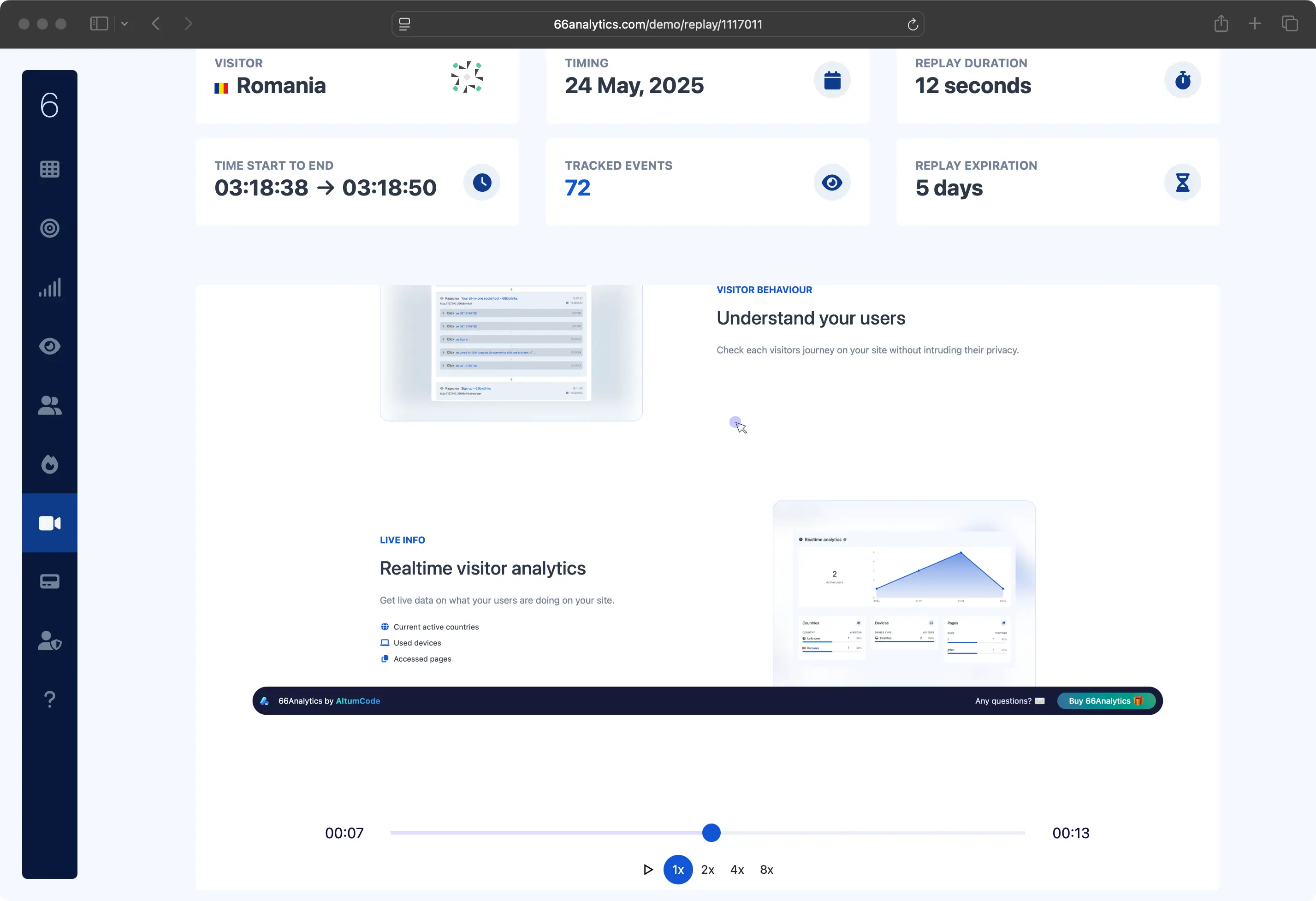 66analytics replays page showing a visitor session replay