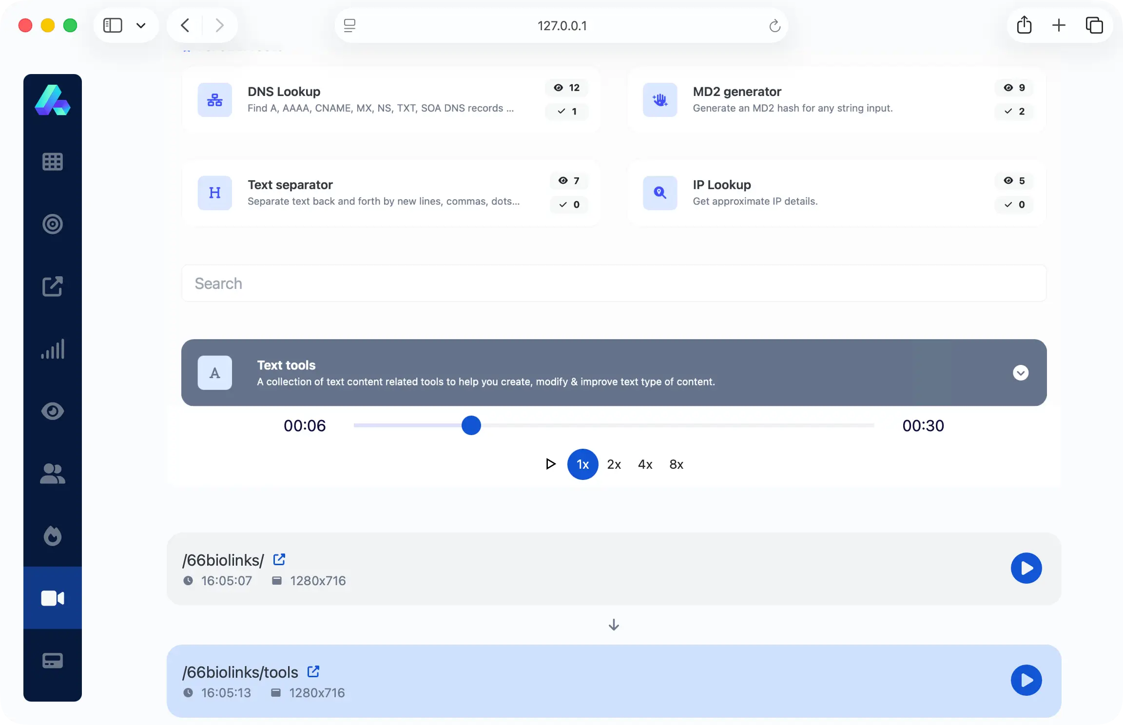66analytics replays page showing a visitor session replay