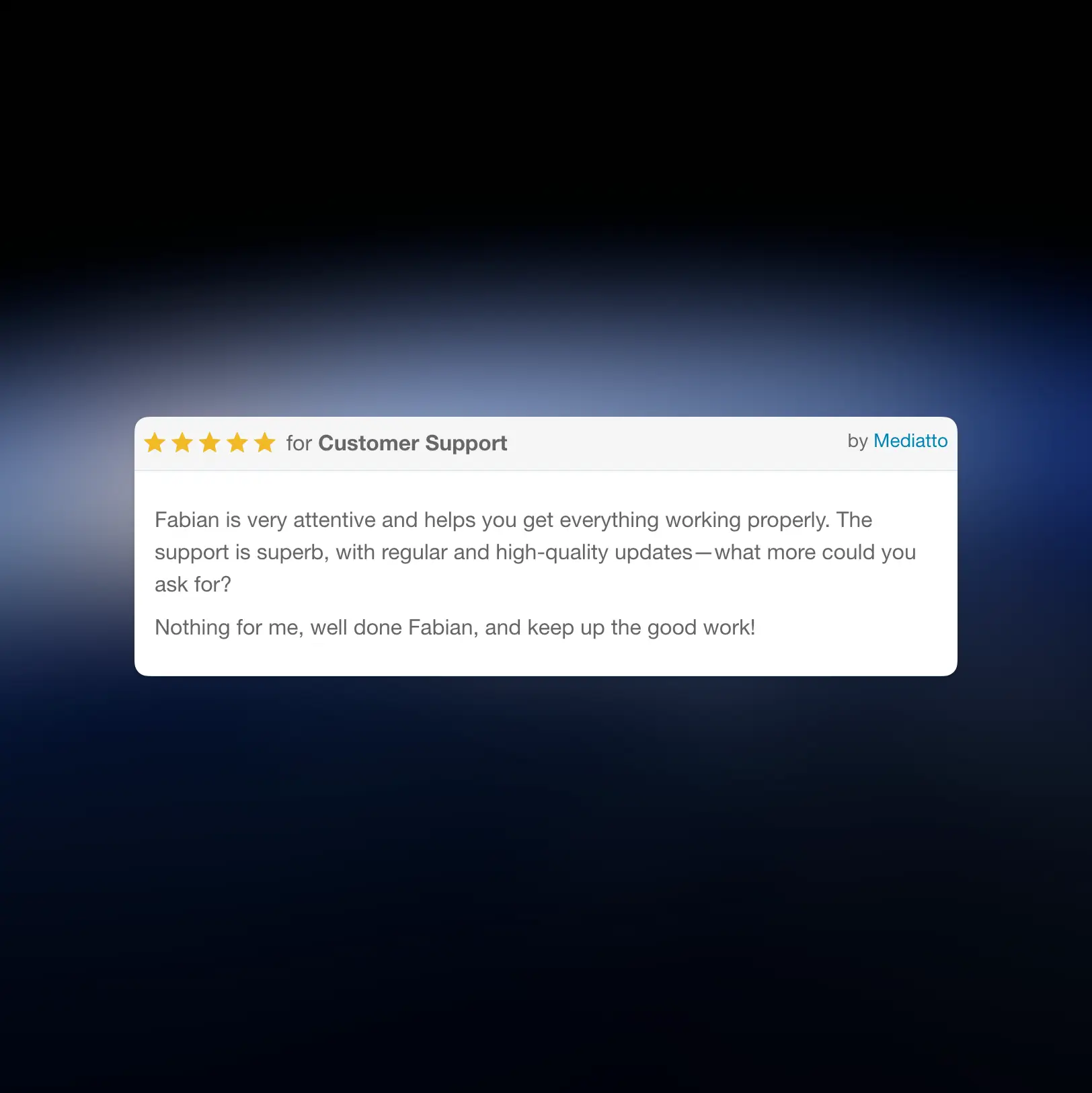 5-star 66analytics customer support review praising Fabian’s (AltumCode) help and constant updates.